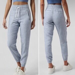 Athleta Cabo 100% Linen Jogger Pants 4 pastel blue athleisure travel pull-on‎